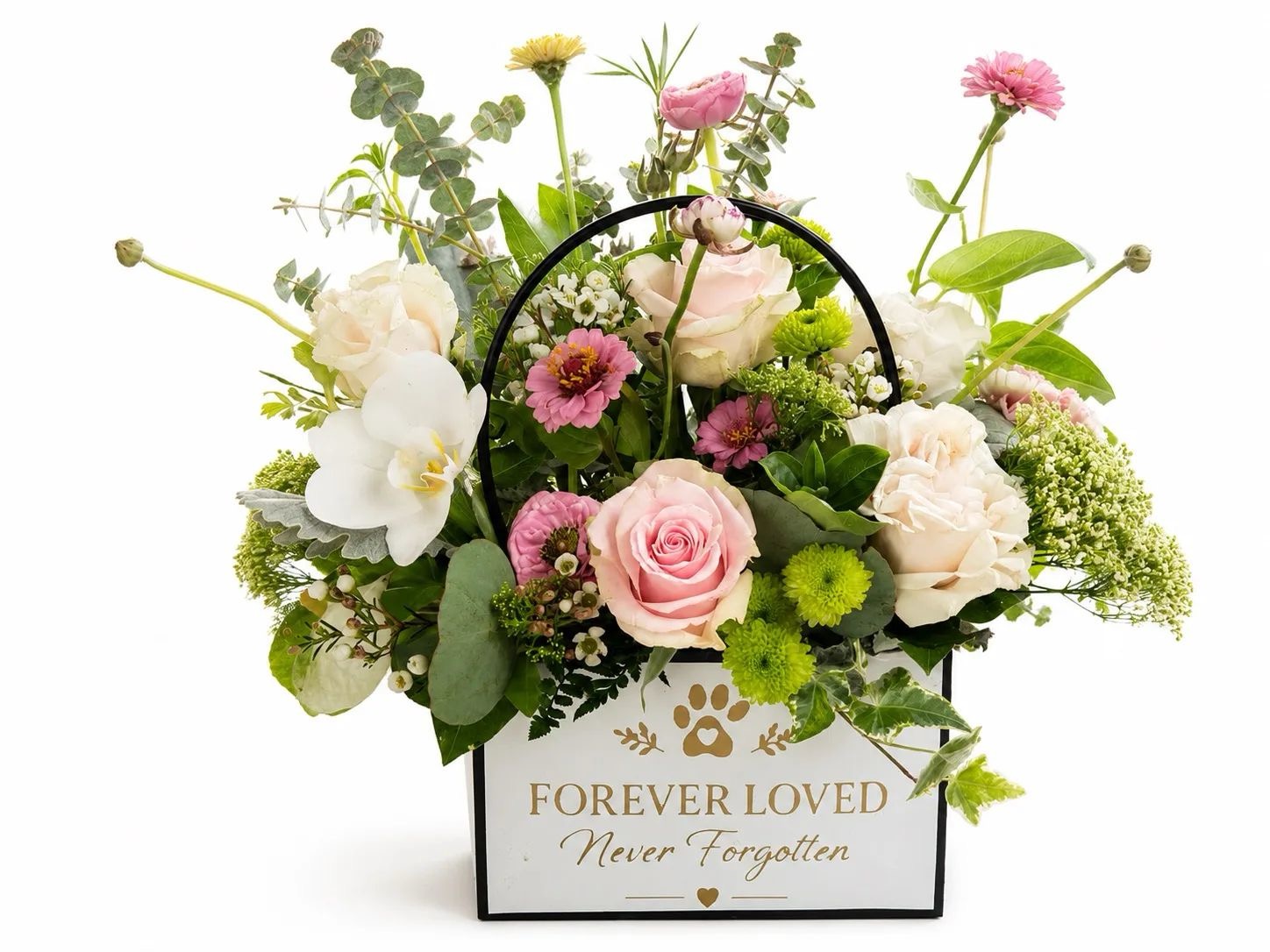 The Forever Loved Bloom Statement Bag — soft roses and orchids in a keepsake box