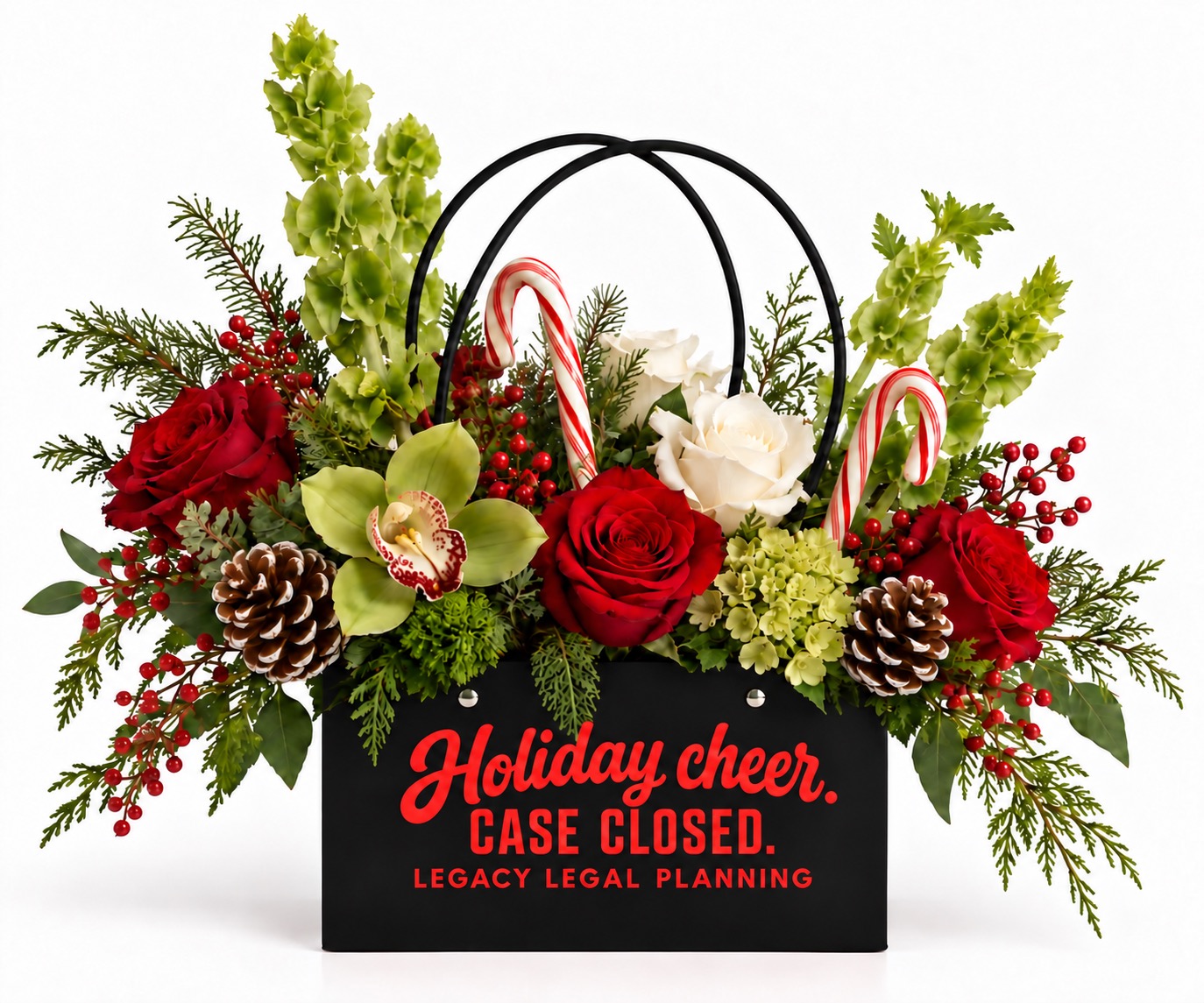 "Holiday cheer. Case Closed." — a custom law office statement bag for Legacy Legal Planning