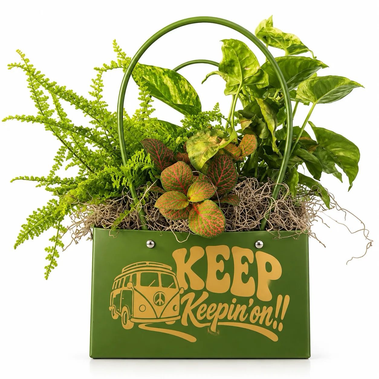 The Keep Keepin' On Bloom Statement Bag — a green keepsake tote with a vintage van, filled with fresh plants