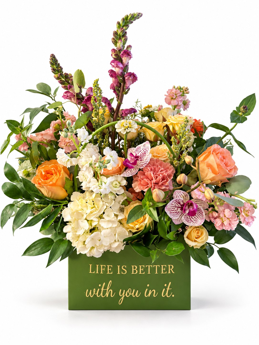 The "Life Is Better With You In It" Bloom Statement Bag — a curated bouquet in a green keepsake bag
