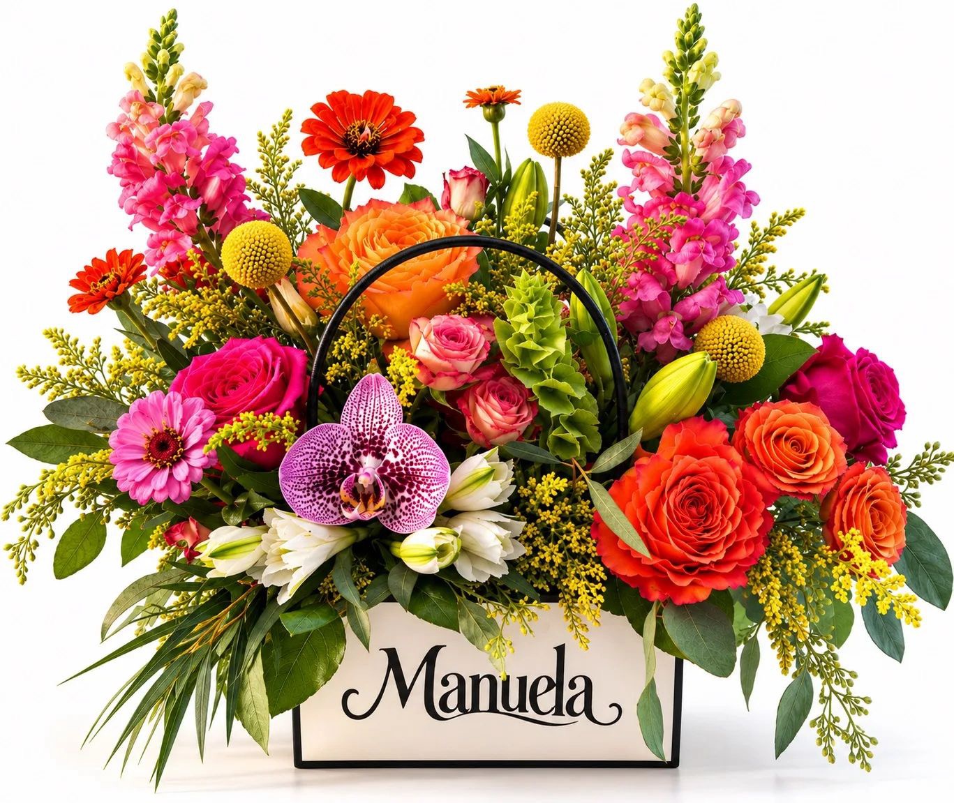 The "Manuela" Bloom Statement Bag — a cream keepsake box overflowing with bright garden blooms