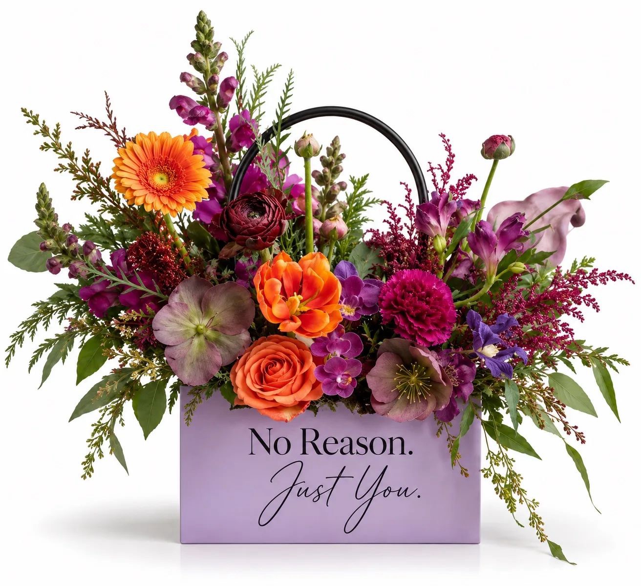 "No Reason. Just You." — a lavender statement bag with bright gerberas and orchids