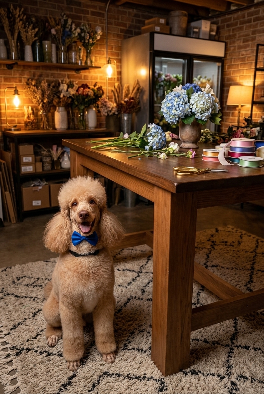 Jean Luc, Veronica's standard poodle shop supervisor, in his blue bow tie beside the design table