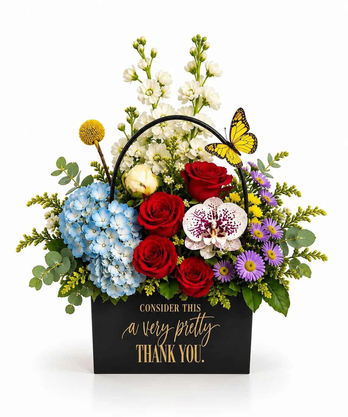A Very Pretty Thank You Bloom Statement Bag with red roses and blue hydrangea