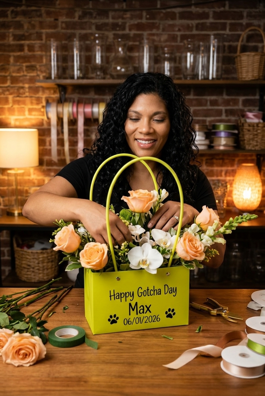 Close-up of Veronica custom-designing a floral arrangement with stems and ribbon