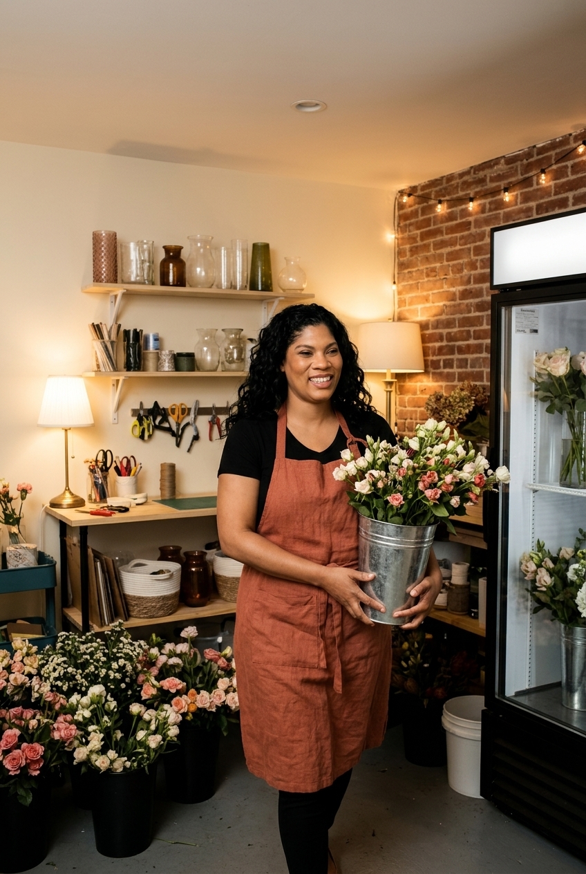 Veronica carrying a bucket of fresh blooms through the flower studio