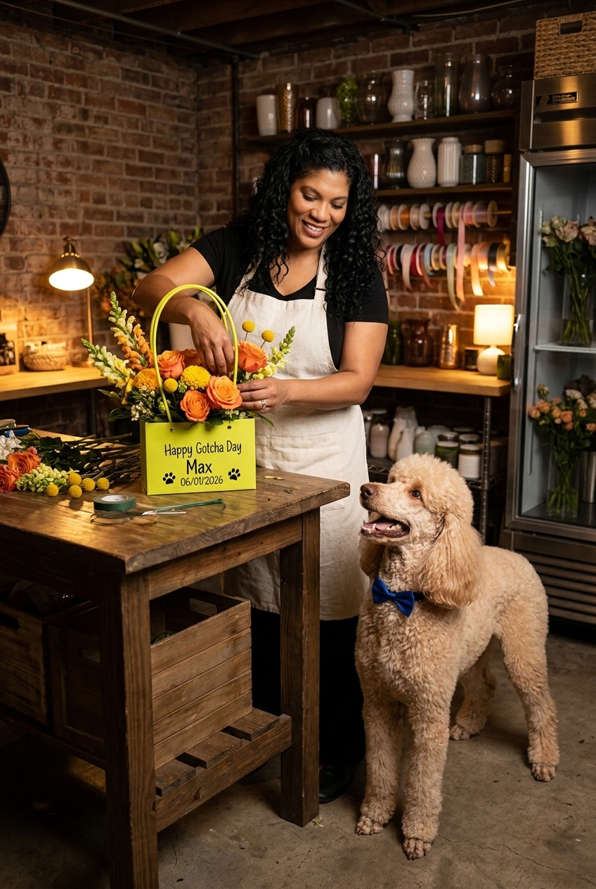 Veronica Sallee making a Gotcha Day Bloom Statement Bag in her basement studio, Jean Luc her standard poodle standing tall beside her